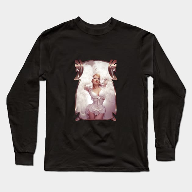 Pin-up Xarah as white burlesque angel with featherfans in burlesquestyle Long Sleeve T-Shirt by designsbyxarah